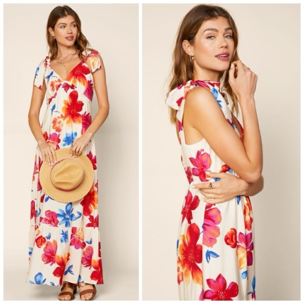 Anthropologie Skies Are Blue Floral V Neck Tie Strap Maxi Dress Size L - Picture 3 of 16